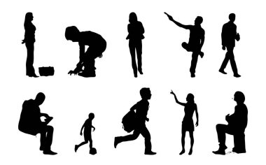 Vektör siluetleri, insanların ana hatları, Contour çizimleri, insanların siluetleri, ikon kümesi izole edilmiş, oturan insanların silueti, mimari set