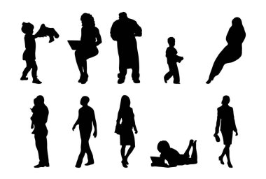 Vektör siluetleri, insanların ana hatları, Contour çizimleri, insanların siluetleri, ikon kümesi izole edilmiş, oturan insanların silueti, mimari set