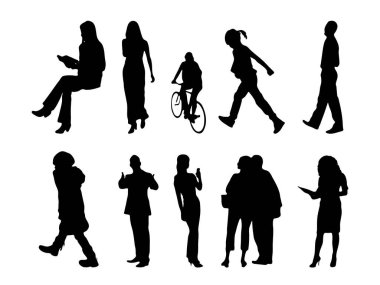 Vektör siluetleri, insanların ana hatları, Contour çizimleri, insanların siluetleri, ikon kümesi izole edilmiş, oturan insanların silueti, mimari set