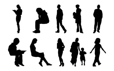 Vektör siluetleri, insanların ana hatları, Contour çizimleri, insanların siluetleri, ikon kümesi izole edilmiş, oturan insanların silueti, mimari set