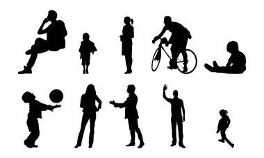 Vektör siluetleri, insanların ana hatları, Contour çizimleri, insanların siluetleri, ikon kümesi izole edilmiş, oturan insanların silueti, mimari set