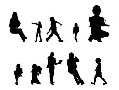 Vektör siluetleri, insanların ana hatları, Contour çizimleri, insanların siluetleri, ikon kümesi izole edilmiş, oturan insanların silueti, mimari set