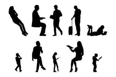 Vektör siluetleri, insanların ana hatları, Contour çizimleri, insanların siluetleri, ikon kümesi izole edilmiş, oturan insanların silueti, mimari set