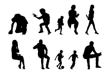 Vektör siluetleri, insanların ana hatları, Contour çizimleri, insanların siluetleri, ikon kümesi izole edilmiş, oturan insanların silueti, mimari set