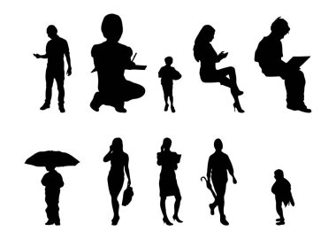 Vektör siluetleri, insanların ana hatları, Contour çizimleri, insanların siluetleri, ikon kümesi izole edilmiş, oturan insanların silueti, mimari set