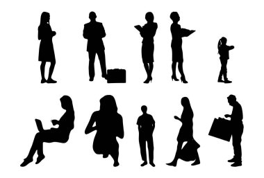 Vektör siluetleri, insanların ana hatları, Contour çizimleri, insanların siluetleri, ikon kümesi izole edilmiş, oturan insanların silueti, mimari set