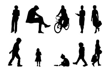 Vektör siluetleri, insanların ana hatları, Contour çizimleri, insanların siluetleri, ikon kümesi izole edilmiş, oturan insanların silueti, mimari set