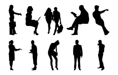 Vektör siluetleri, insanların ana hatları, Contour çizimleri, insanların siluetleri, ikon kümesi izole edilmiş, oturan insanların silueti, mimari set