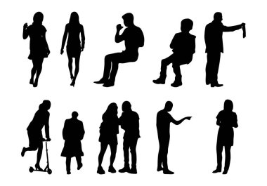 Vektör siluetleri, insanların ana hatları, Contour çizimleri, insanların siluetleri, ikon kümesi izole edilmiş, oturan insanların silueti, mimari set