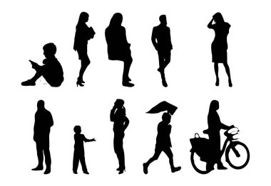 Vektör siluetleri, insanların ana hatları, Contour çizimleri, insanların siluetleri, ikon kümesi izole edilmiş, oturan insanların silueti, mimari set