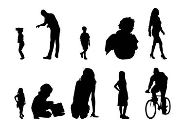 Vektör siluetleri, insanların ana hatları, Contour çizimleri, insanların siluetleri, ikon kümesi izole edilmiş, oturan insanların silueti, mimari set