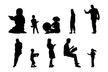 Vektör siluetleri, insanların ana hatları, Contour çizimleri, insanların siluetleri, ikon kümesi izole edilmiş, oturan insanların silueti, mimari set