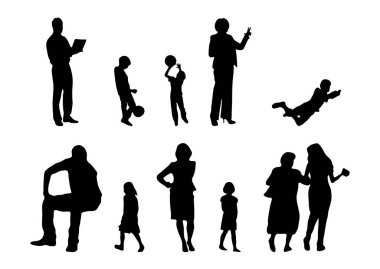 Vektör siluetleri, insanların ana hatları, Contour çizimleri, insanların siluetleri, ikon kümesi izole edilmiş, oturan insanların silueti, mimari set