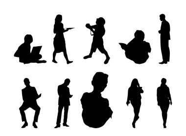 Vektör siluetleri, insanların ana hatları, Contour çizimleri, insanların siluetleri, ikon kümesi izole edilmiş, oturan insanların silueti, mimari set