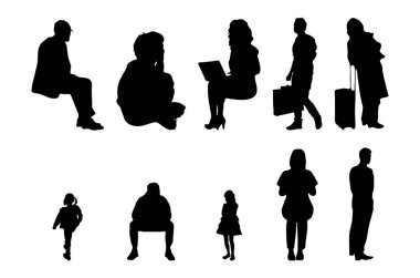 Vektör siluetleri, insanların ana hatları, Contour çizimleri, insanların siluetleri, ikon kümesi izole edilmiş, oturan insanların silueti, mimari set