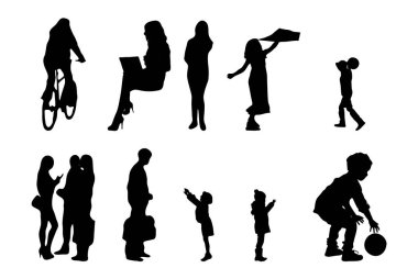 Vektör siluetleri, insanların ana hatları, Contour çizimleri, insanların siluetleri, ikon kümesi izole edilmiş, oturan insanların silueti, mimari set