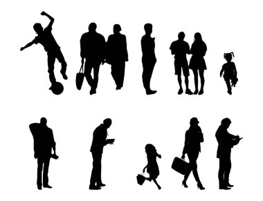 Vektör siluetleri, insanların ana hatları, Contour çizimleri, insanların siluetleri, ikon kümesi izole edilmiş, oturan insanların silueti, mimari set