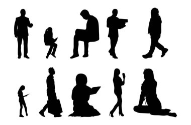 Vektör siluetleri, insanların ana hatları, Contour çizimleri, insanların siluetleri, ikon kümesi izole edilmiş, oturan insanların silueti, mimari set