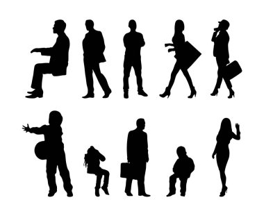 Vektör siluetleri, insanların ana hatları, Contour çizimleri, insanların siluetleri, ikon kümesi izole edilmiş, oturan insanların silueti, mimari set