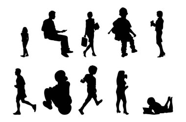 Vektör siluetleri, insanların ana hatları, Contour çizimleri, insanların siluetleri, ikon kümesi izole edilmiş, oturan insanların silueti, mimari set