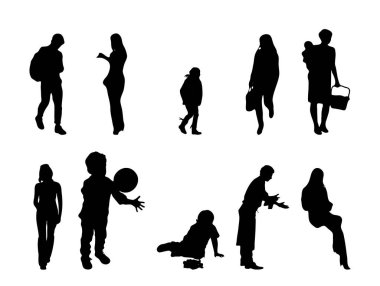 Vektör siluetleri, insanların ana hatları, Contour çizimleri, insanların siluetleri, ikon kümesi izole edilmiş, oturan insanların silueti, mimari set