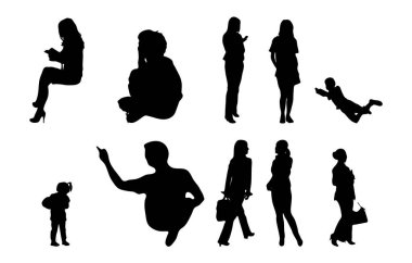 Vektör siluetleri, insanların ana hatları, Contour çizimleri, insanların siluetleri, ikon kümesi izole edilmiş, oturan insanların silueti, mimari set