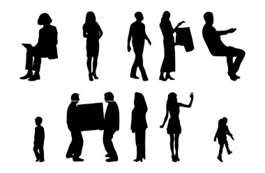 Vektör siluetleri, insanların ana hatları, Contour çizimleri, insanların siluetleri, ikon kümesi izole edilmiş, oturan insanların silueti, mimari set