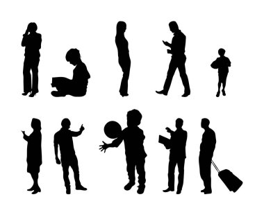 Vektör siluetleri, insanların ana hatları, Contour çizimleri, insanların siluetleri, ikon kümesi izole edilmiş, oturan insanların silueti, mimari set