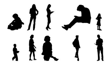 Vektör siluetleri, insanların ana hatları, Contour çizimleri, insanların siluetleri, ikon kümesi izole edilmiş, oturan insanların silueti, mimari set