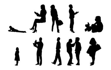 Vektör siluetleri, insanların ana hatları, Contour çizimleri, insanların siluetleri, ikon kümesi izole edilmiş, oturan insanların silueti, mimari set