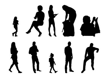 Vektör siluetleri, insanların ana hatları, Contour çizimleri, insanların siluetleri, ikon kümesi izole edilmiş, oturan insanların silueti, mimari set
