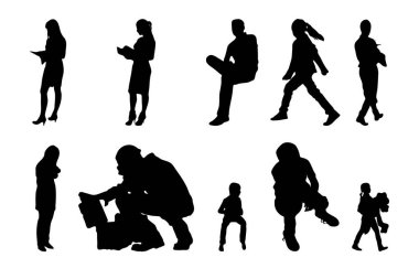 Vektör siluetleri, insanların ana hatları, Contour çizimleri, insanların siluetleri, ikon kümesi izole edilmiş, oturan insanların silueti, mimari set