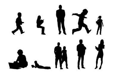 Vektör siluetleri, insanların ana hatları, Contour çizimleri, insanların siluetleri, ikon kümesi izole edilmiş, oturan insanların silueti, mimari set