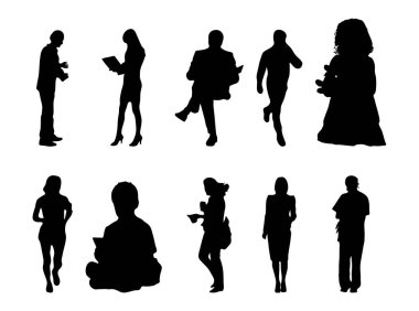 Vektör siluetleri, insanların ana hatları, Contour çizimleri, insanların siluetleri, ikon kümesi izole edilmiş, oturan insanların silueti, mimari set
