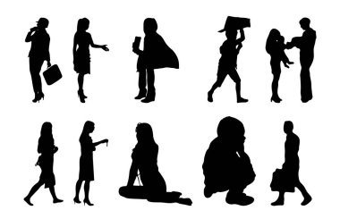 Vektör siluetleri, insanların ana hatları, Contour çizimleri, insanların siluetleri, ikon kümesi izole edilmiş, oturan insanların silueti, mimari set