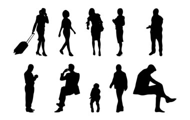 Vektör siluetleri, insanların ana hatları, Contour çizimleri, insanların siluetleri, ikon kümesi izole edilmiş, oturan insanların silueti, mimari set