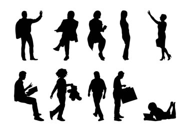 Vektör siluetleri, insanların ana hatları, Contour çizimleri, insanların siluetleri, ikon kümesi izole edilmiş, oturan insanların silueti, mimari set