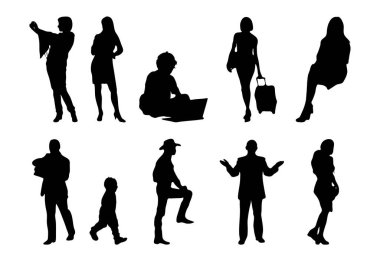 Vektör siluetleri, insanların ana hatları, Contour çizimleri, insanların siluetleri, ikon kümesi izole edilmiş, oturan insanların silueti, mimari set