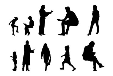 Vektör siluetleri, insanların ana hatları, Contour çizimleri, insanların siluetleri, ikon kümesi izole edilmiş, oturan insanların silueti, mimari set