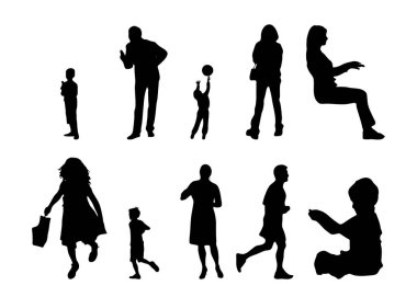 Vektör siluetleri, insanların ana hatları, Contour çizimleri, insanların siluetleri, ikon kümesi izole edilmiş, oturan insanların silueti, mimari set