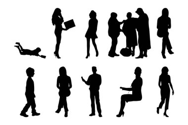 Vektör siluetleri, insanların ana hatları, Contour çizimleri, insanların siluetleri, ikon kümesi izole edilmiş, oturan insanların silueti, mimari set