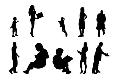 Vektör siluetleri, insanların ana hatları, Contour çizimleri, insanların siluetleri, ikon kümesi izole edilmiş, oturan insanların silueti, mimari set