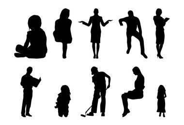 Vektör siluetleri, insanların ana hatları, Contour çizimleri, insanların siluetleri, ikon kümesi izole edilmiş, oturan insanların silueti, mimari set