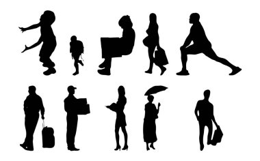 Vektör siluetleri, insanların ana hatları, Contour çizimleri, insanların siluetleri, ikon kümesi izole edilmiş, oturan insanların silueti, mimari set