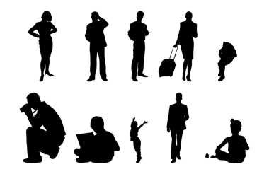 Vektör siluetleri, insanların ana hatları, Contour çizimleri, insanların siluetleri, ikon kümesi izole edilmiş, oturan insanların silueti, mimari set