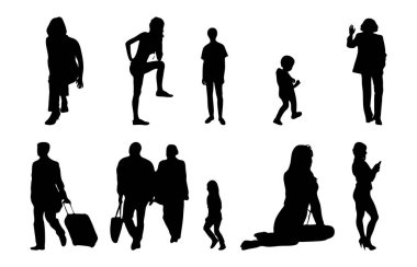 Vektör siluetleri, insanların ana hatları, Contour çizimleri, insanların siluetleri, ikon kümesi izole edilmiş, oturan insanların silueti, mimari set
