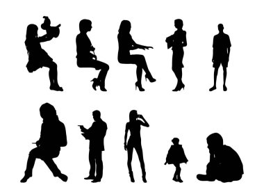 Vektör siluetleri, insanların ana hatları, Contour çizimleri, insanların siluetleri, ikon kümesi izole edilmiş, oturan insanların silueti, mimari set