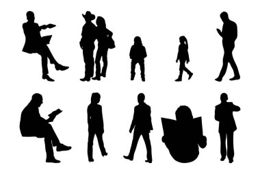 Vektör siluetleri, insanların ana hatları, Contour çizimleri, insanların siluetleri, ikon kümesi izole edilmiş, oturan insanların silueti, mimari set
