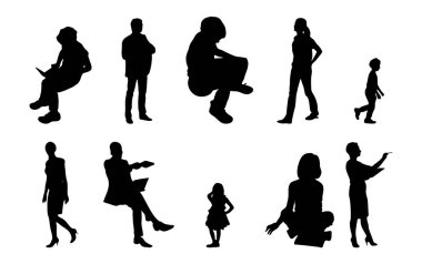 Vektör siluetleri, insanların ana hatları, Contour çizimleri, insanların siluetleri, ikon kümesi izole edilmiş, oturan insanların silueti, mimari set
