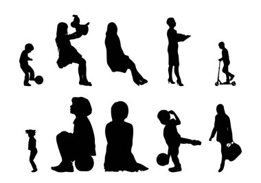 Vektör siluetleri, insanların ana hatları, Contour çizimleri, insanların siluetleri, ikon kümesi izole edilmiş, oturan insanların silueti, mimari set